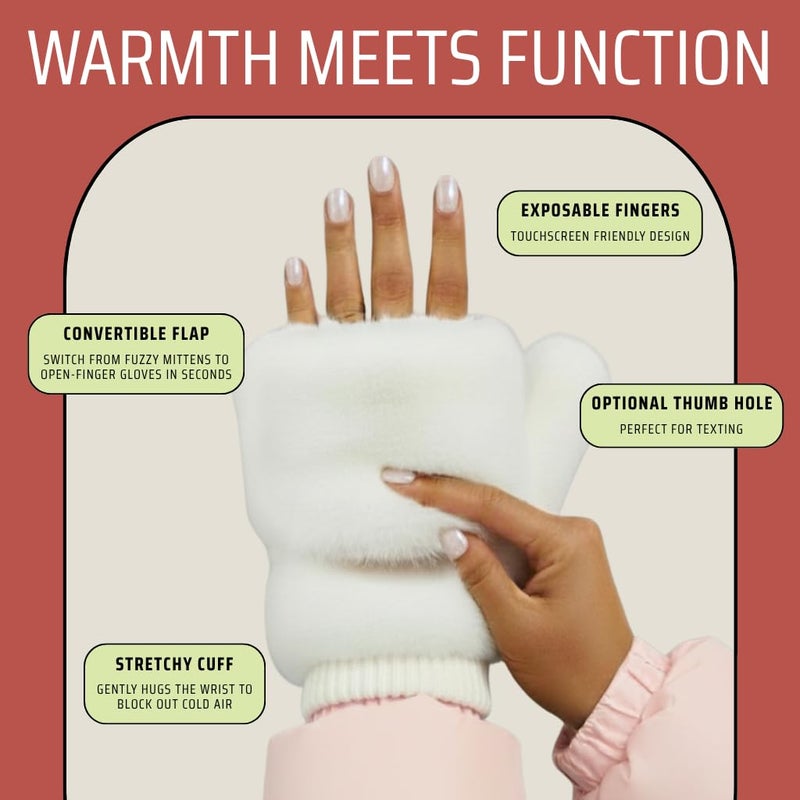 Funky Junque Women's White Faux Fur Mittens with Finger Flap, Warm Convertible Fingerless Gloves for Texting, Driving - Ivory - Image 3